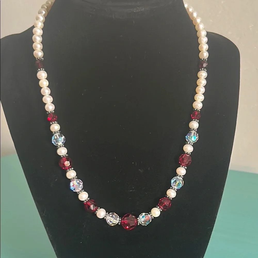 Hand Crafted Classic White Freshwater Pearl and Red Faceted Beaded Necklace Set